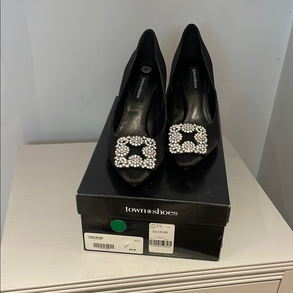 Black Satin-like Women's Heels with Embellished Buckle
